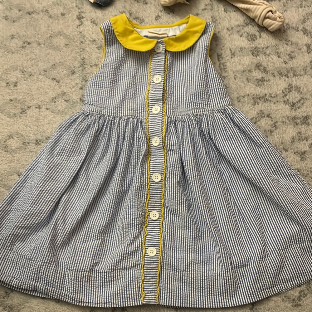 Mini Boden Light Blue Seersucker Button-Front Dress with Yellow Collar